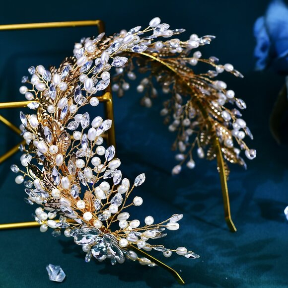 BRIDELLA BHP322 Golden Bridal Tiara  Crown Wedding Headband Hair Jewelry main image 5